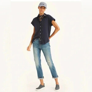 Nautica Women's Linen Viscose Navy Blue Short Sleeve Button Down Shirt Small NWT
